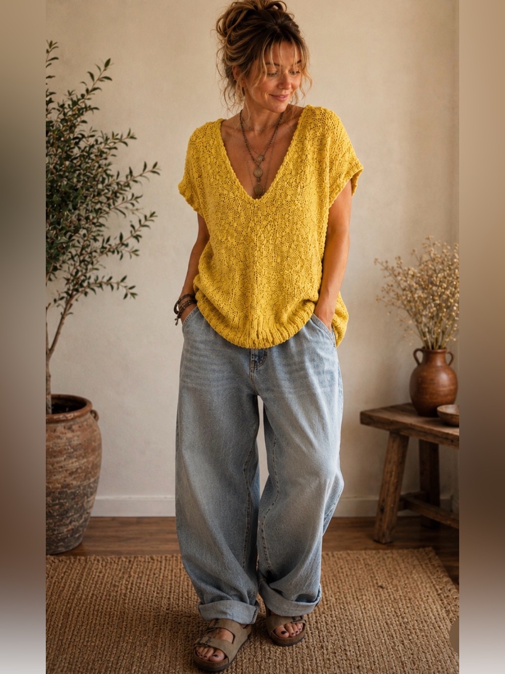 Vintage 80s 90s yellow bubble knit cap sleeve v neck sweater size 6 8